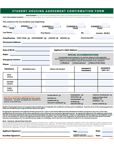 confirmation student housing agreement form template