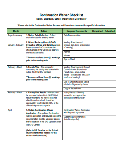 continuation waiver checklist template