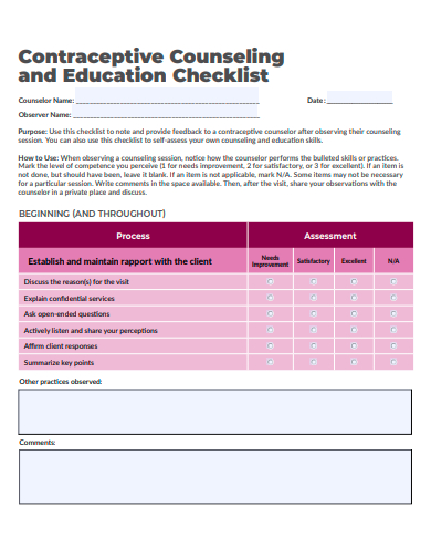 contraceptive counseling and education checklist template