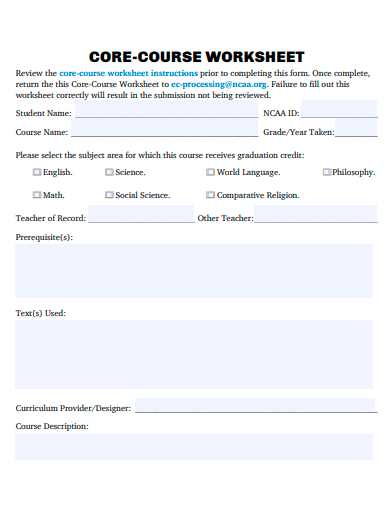 core course worksheet template