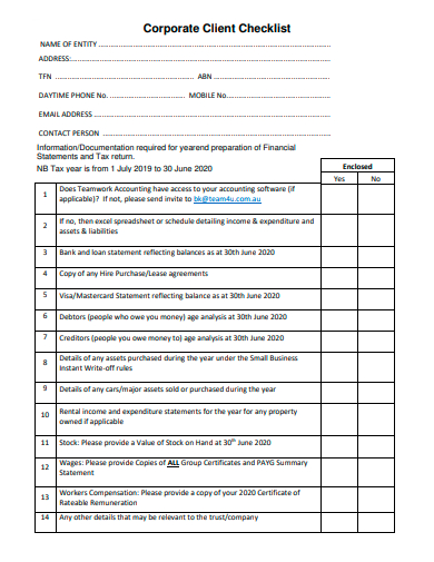 corporate client checklist template