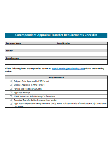 correspondent appraisal transfer requirements checklist template