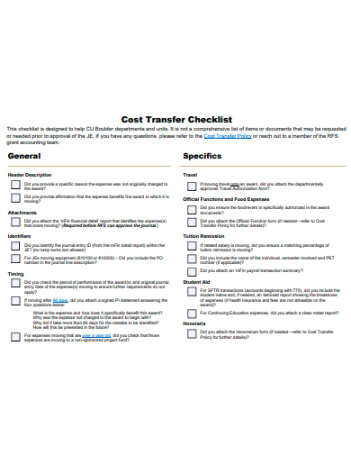 cost transfer checklist template