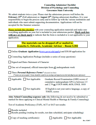 counseling admission checklist template