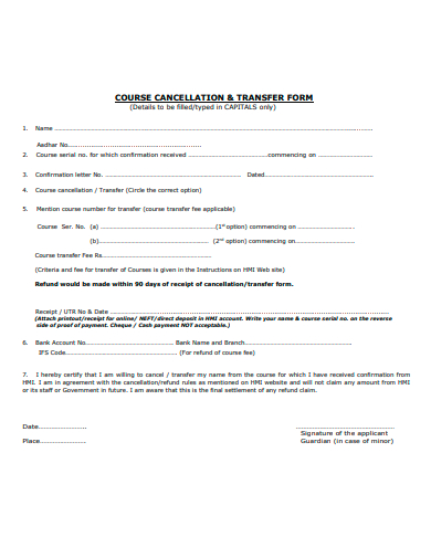 course cancellation and transfer form template