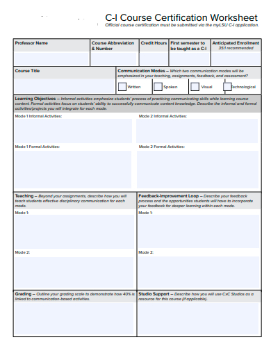 course certification worksheet template