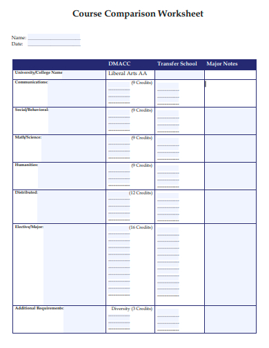 course comparison worksheet template