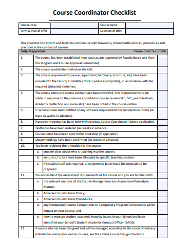 course coordinator checklist template