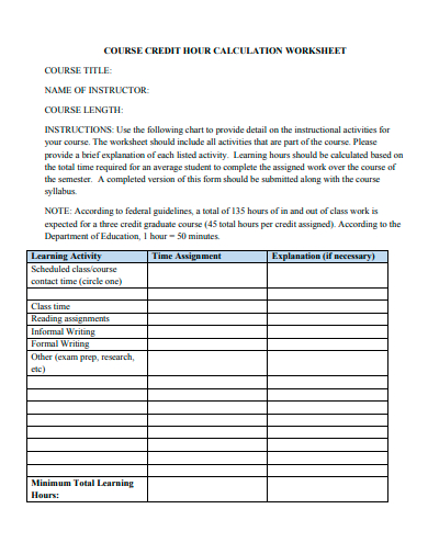 course credit hour calculation worksheet template