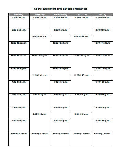 course enrollment time schedule worksheet template