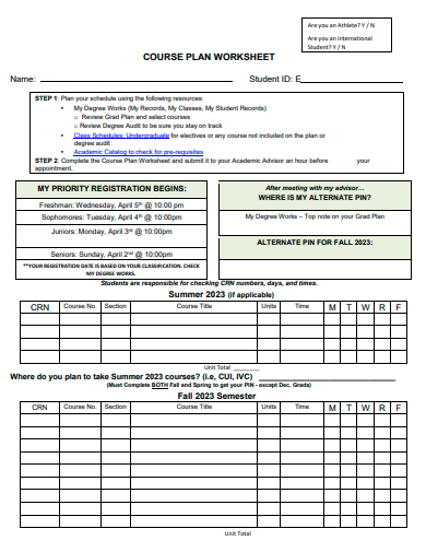 course plan worksheet template