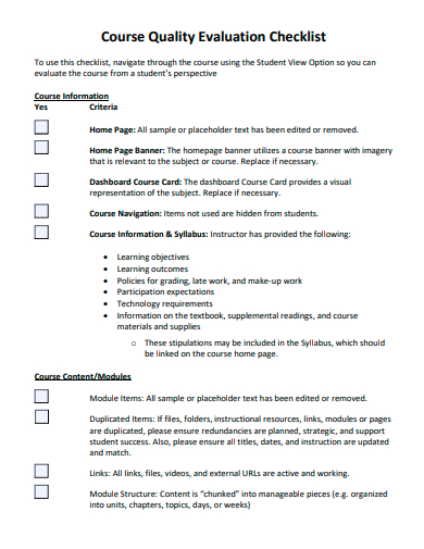 course quality evaluation checklist template