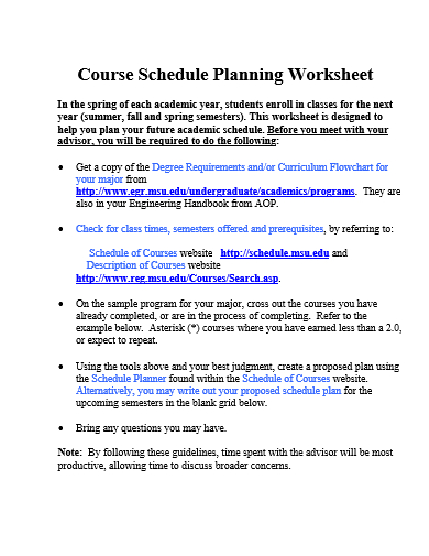 course schedule planning worksheet template