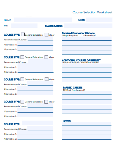 course selection worksheet template