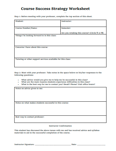 course success strategy worksheet template