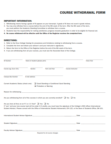 course withdrawal form template