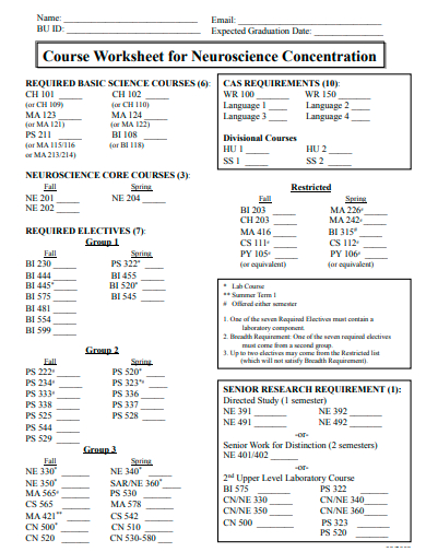 course worksheet for neuroscience concentration template