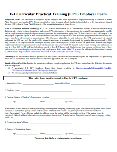 curricular practical training employer form template