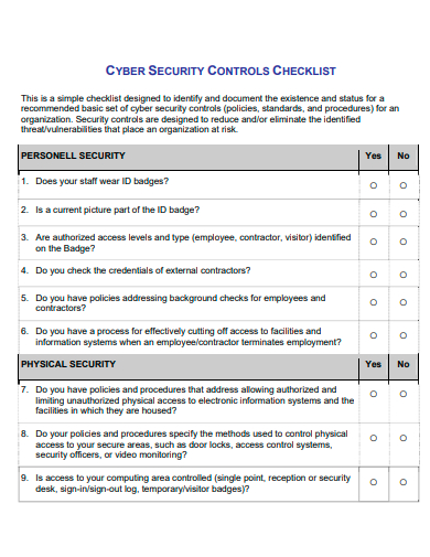cyber security controls checklist template