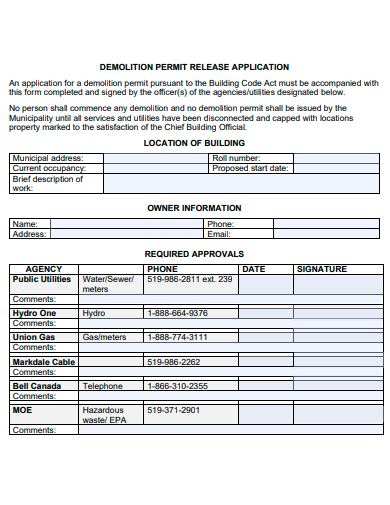 demolition release application template