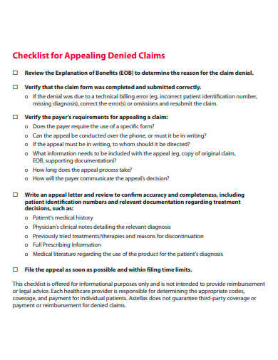 denied claim checklist template