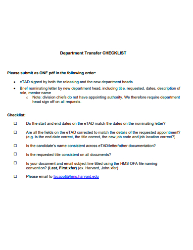 department transfer checklist template
