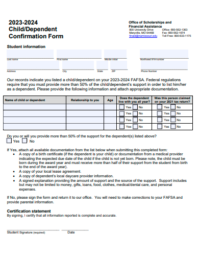 dependent confirmation form template
