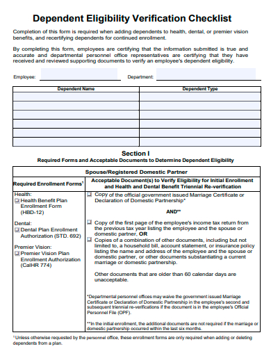 dependent eligibility verification checklist template