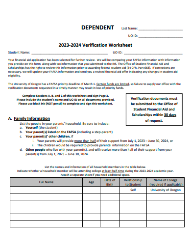 dependent verification worksheet template