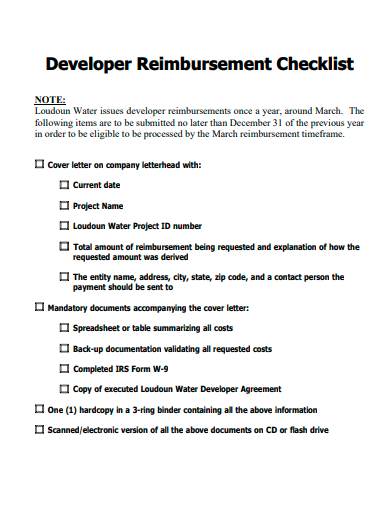 developer reimbursement checklist template