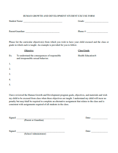 development student excuse form template