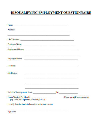 disqualifying employment questionnaire template