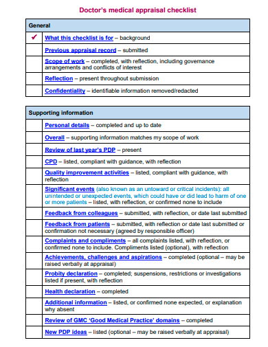doctors medical appraisal checklist template