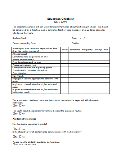 education checklist template