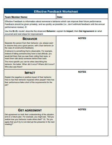 effective feedback worksheet template