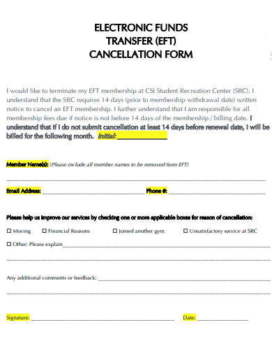 electronic funds transfer cancellation form template