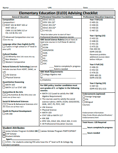elementary education advising checklist template