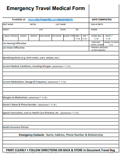 emergency travel medical form template