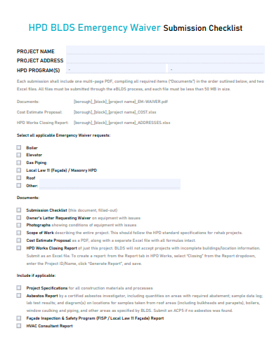 emergency waiver submission checklist template