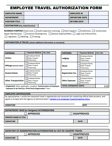 employee travel authorization travel form template