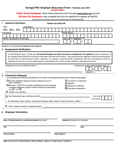 employer assurance form template