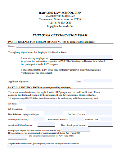 employer certification form template