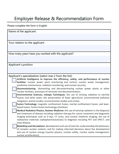 employer release and recommendation form template