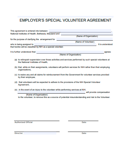 employers special volunteer agreement template
