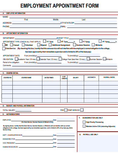 employment appointment form template