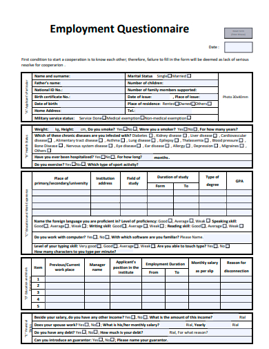 employment questionnaire example