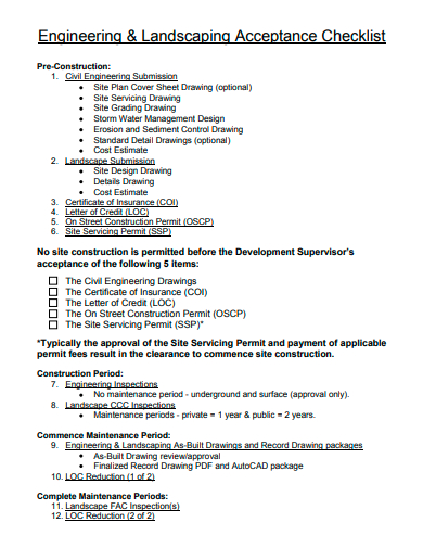 engineering and landscaping acceptance checklist template