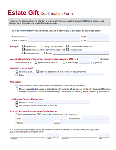 estate gift confirmation form template