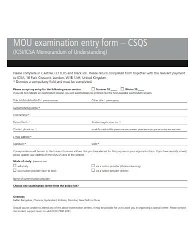examination entry form template