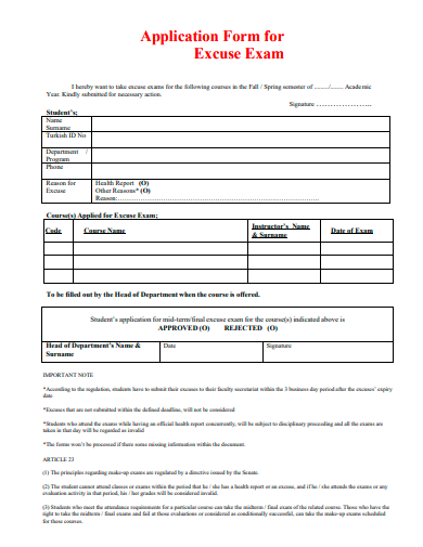excuse exam application form template